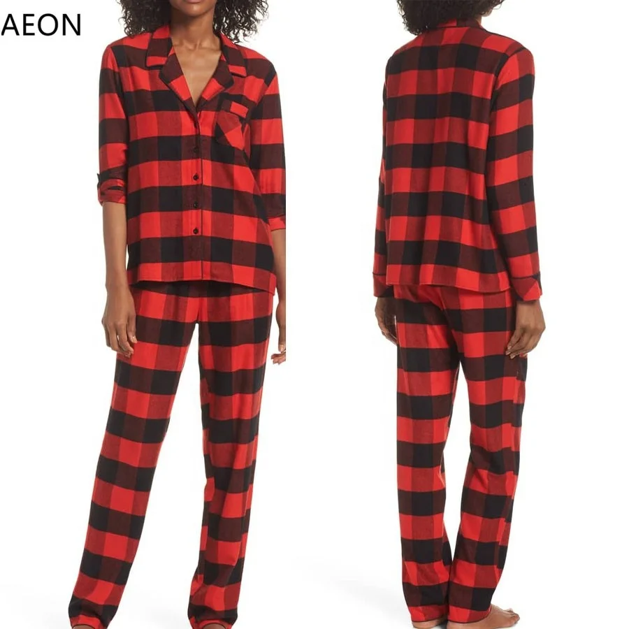 Wholesale women cotton pajamas set red plaid pants pajama bottoms plaid flannel shirts custom pj set