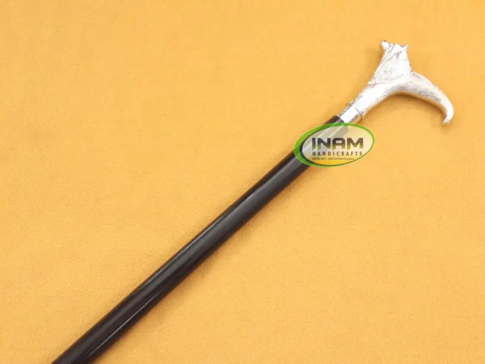 Handmade Wooden foldable walking stick with brass wolf handle / Wooden foldable walking cane with designer wolf Handle
