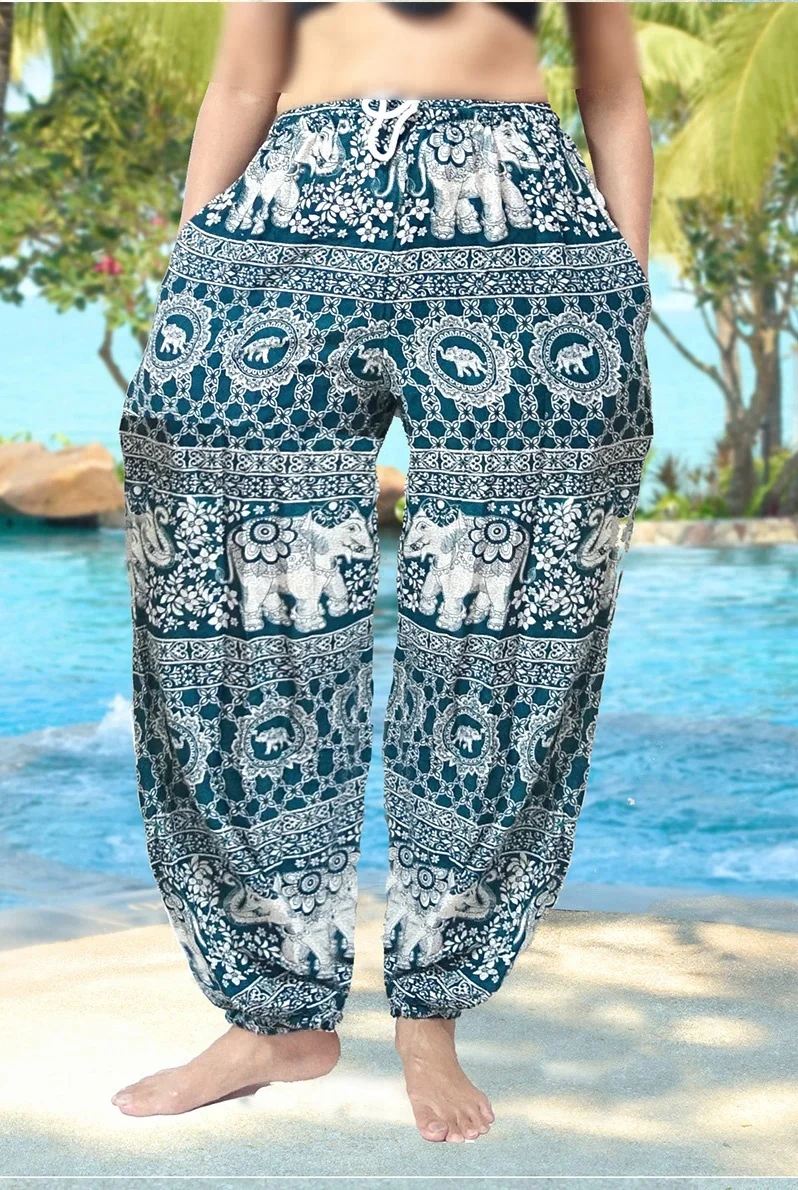 oriental fisherman RETRO INDIE HIPPIE BOHO yoga relax POLKA DOT thai art elephant print DRAWSTRING RAYON Harem PANTS