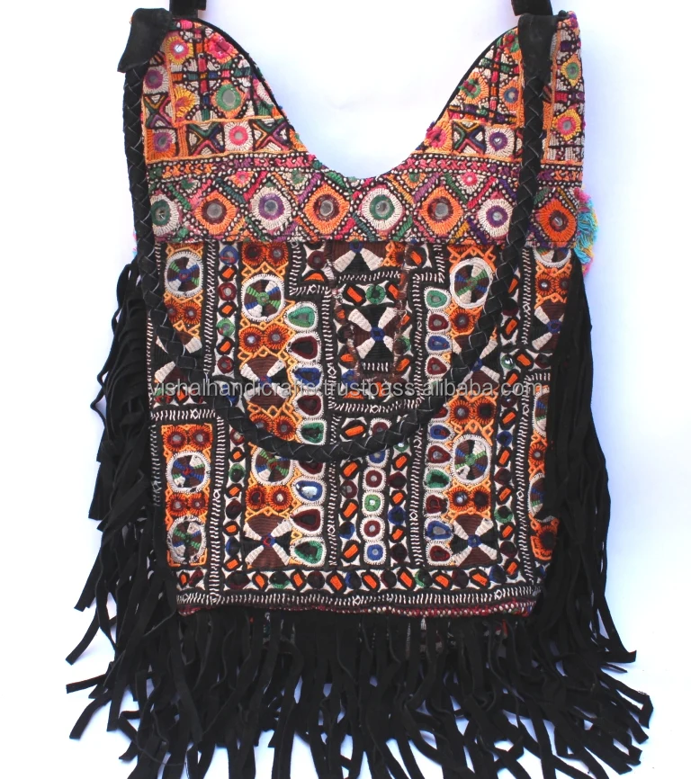 Indian Vintage Boho Leather Fringes Bag Gypsy Hobo Bag
