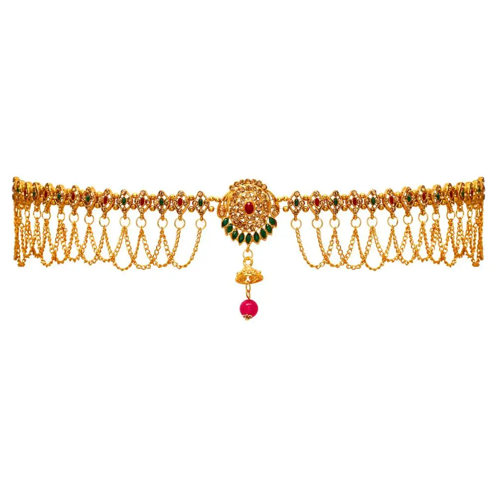 Latest Indian Jewelry Maroon & Green Color Glass Stone Kamarband Waist Chain