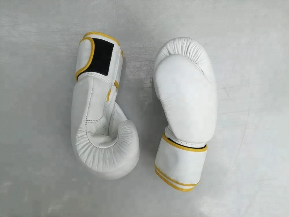 Genuine White Leather Boxing Gloves Hand-Made Mold with Hook and Loop Wrist Strap Closure Layers