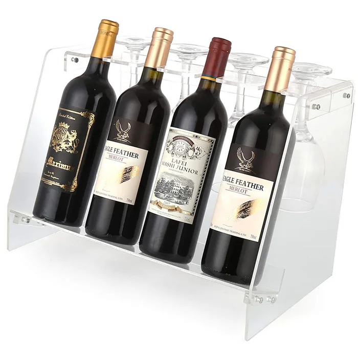 Tabletop Free Standing Display Collapsible Wine Storage Holder 4 Bottles & Goblets Acrylic Wine Rack