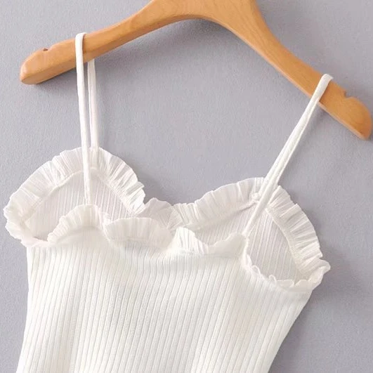 Женская сексуальная летняя майка модный однотонный Облегающий топ на бретельках с оборками