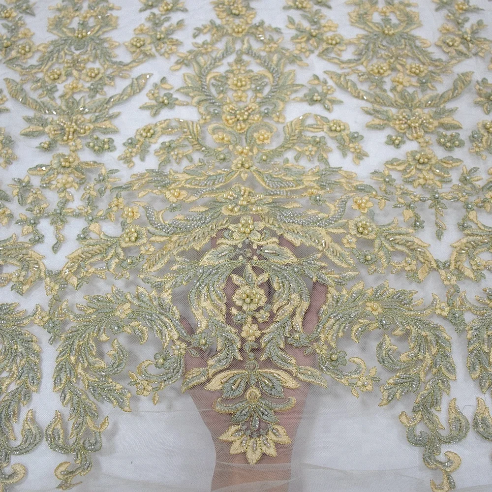 High quality bridal lace fabric beaded embroidery water soluble net nigerian lace fabric market in dubai HY0772-7