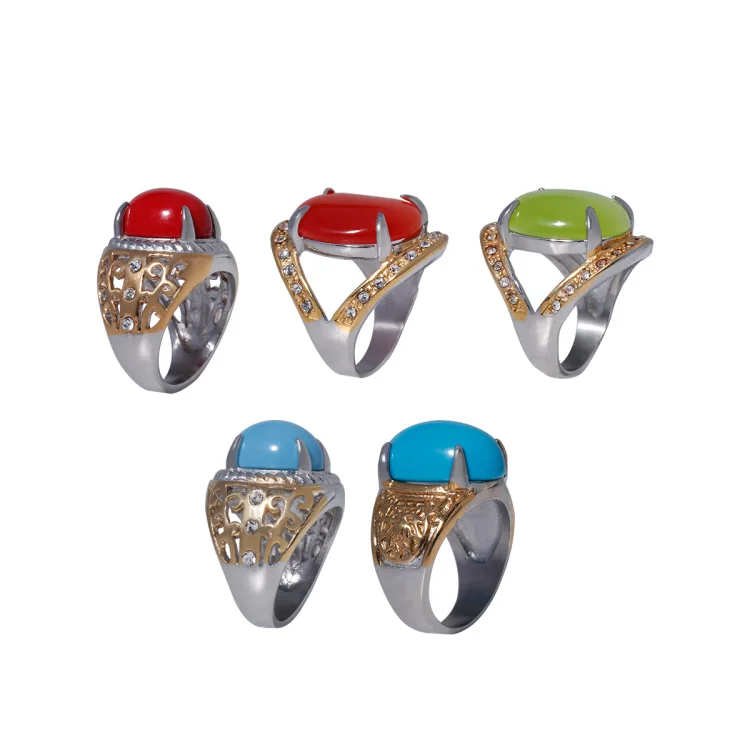 Women Fashion Stainless Steel Jewelry Retro Natural Stone Rose Quartz Agate Turquoise Lapis Lazuli Ring For Men