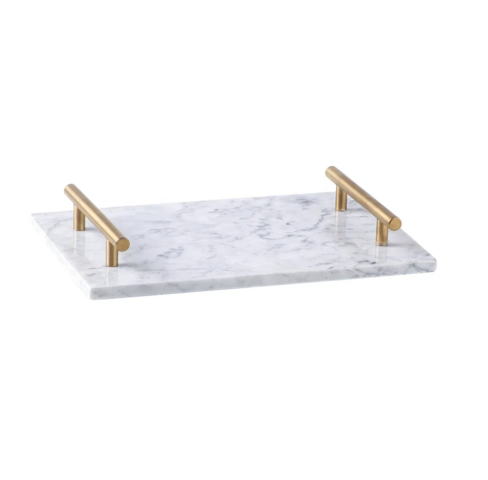 Manufacturer wholesaler fancy luxurious marble wood breakfast tray with metal handle for coffee food decorative platter tray