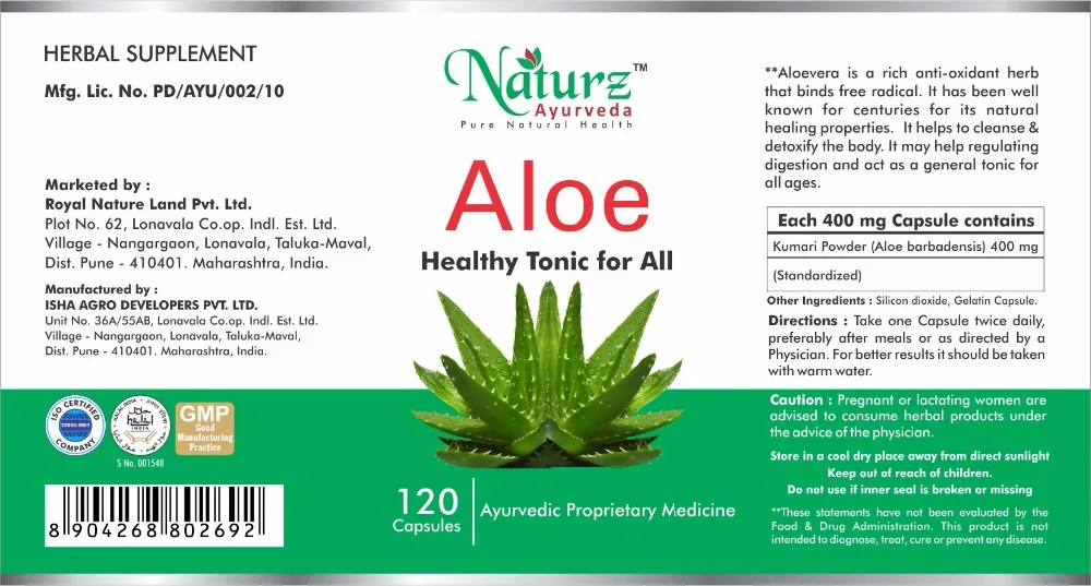 
Naturz Ayurveda Pure Aloe vera capsule / Aloe Aloe barbadensis pure powder in capsule for digestion 120 capsules 400mg 