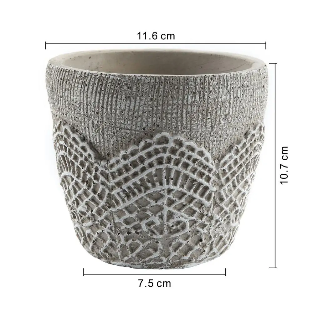 4.5 Inch Cement Lace Pattern Succulent Plant Pot/Cactus Container  Classic Design with wooden Tray