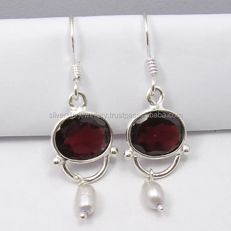
Natural gemstone jewelry exclusive designs indian faceted oval red garnet dangle earrings 925 sterling silver 
