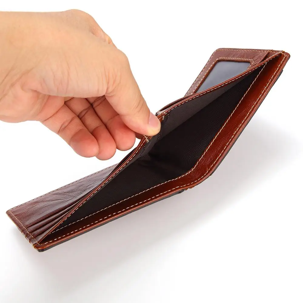 Short Type Men Business Vintage Crazy Horse Genuine Cow Leather RFID Blocking Credit Cards Holder Money Clip