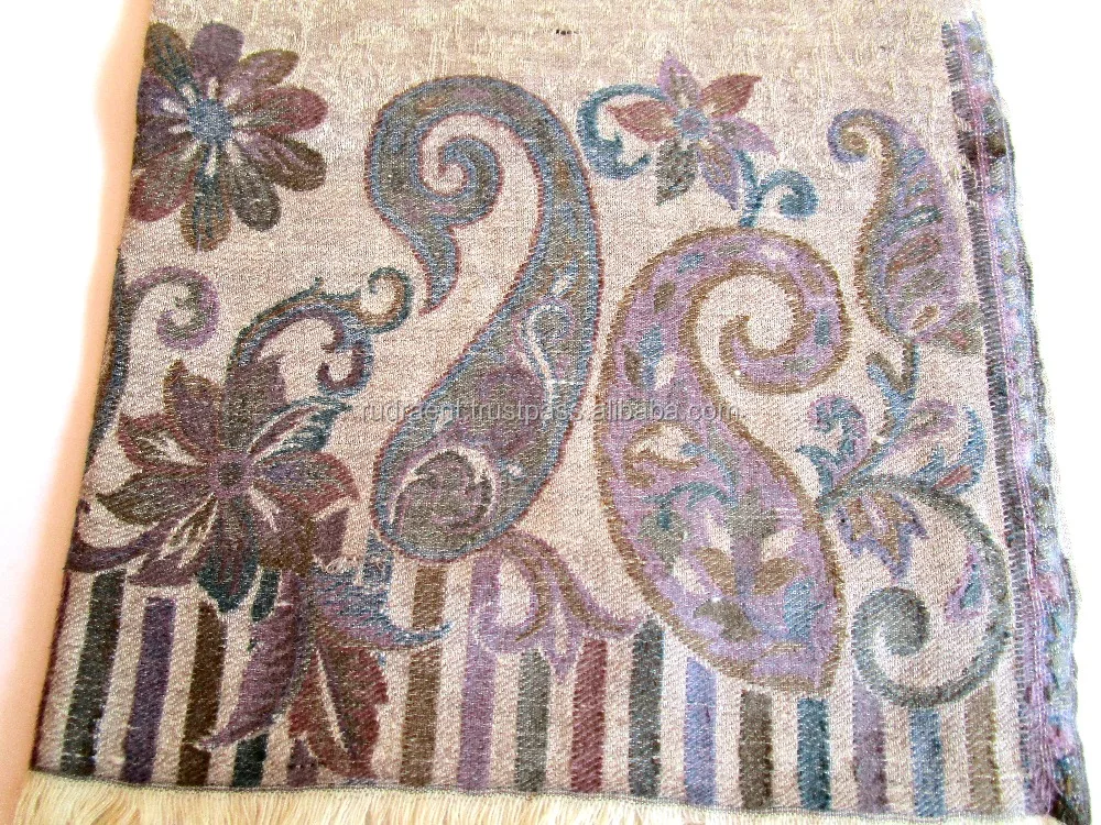 Handicraft Soft Lambswool Beige Shawl Stole Scarf for Her Exquisite Handwoven Indian Hand Embroidered Outdoor, Party 26'X 80'