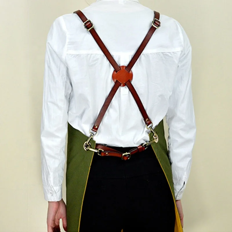 Double Sides Multicolored Cotton Bib Apron With Leather X Strap & Pockets Barber Salon Aprons