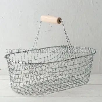 Wire Basket Kitchen Decorative Wood Handle Metal Wire Black Color Oval Shape Storage Basket Styles Design Iron Fruit Basket