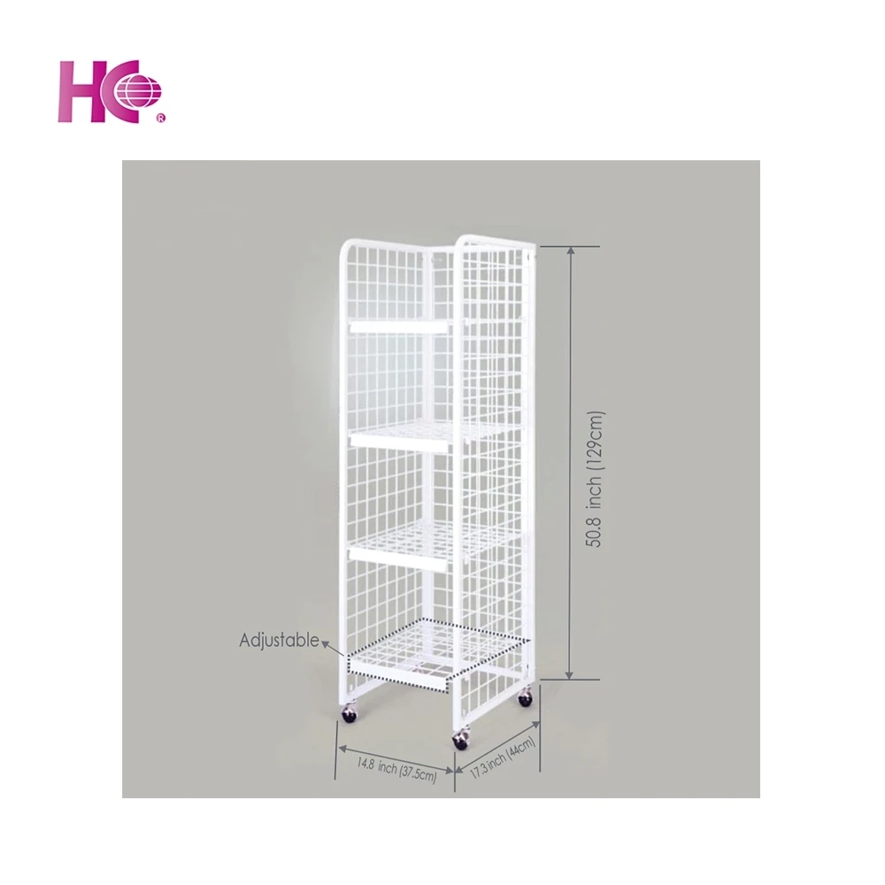 White metal newspaper display rack with casters