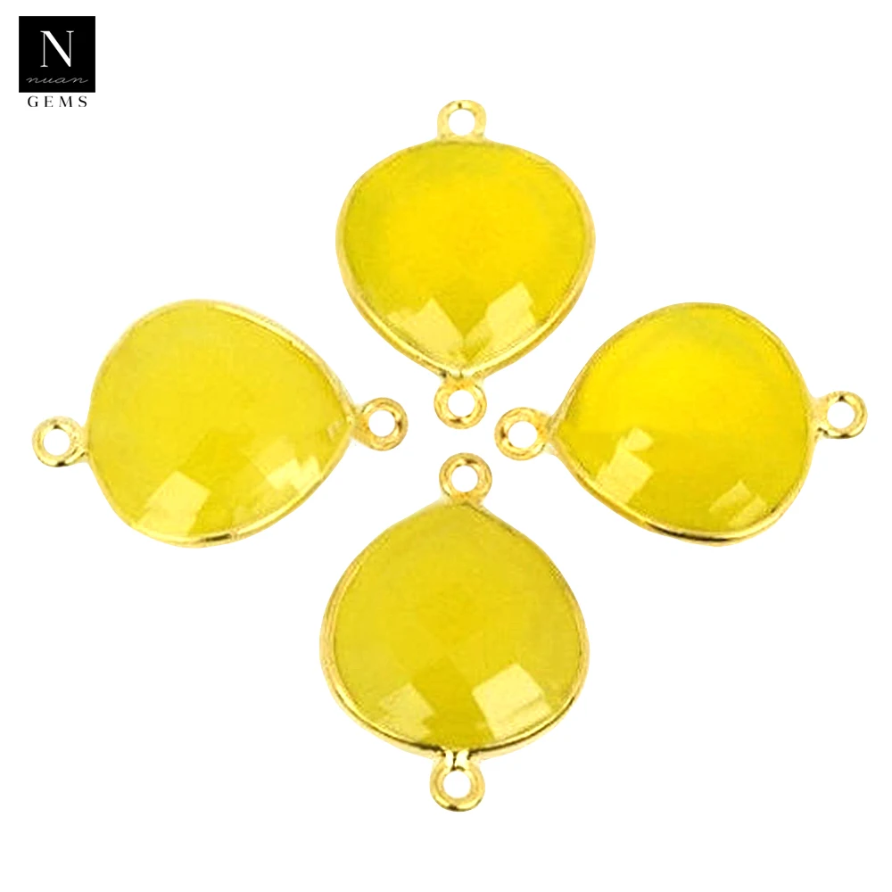 Bezel gemstone connector 14mm heart shape 24k gold plated double bail link supply