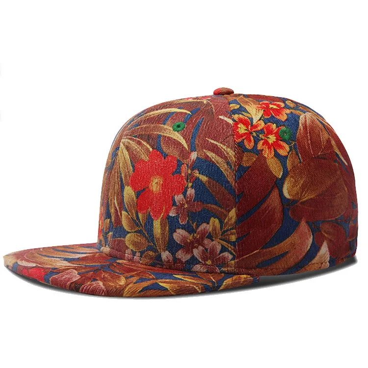 Custom design flat tropical floral snapback hats, hawaiian print snapback caps