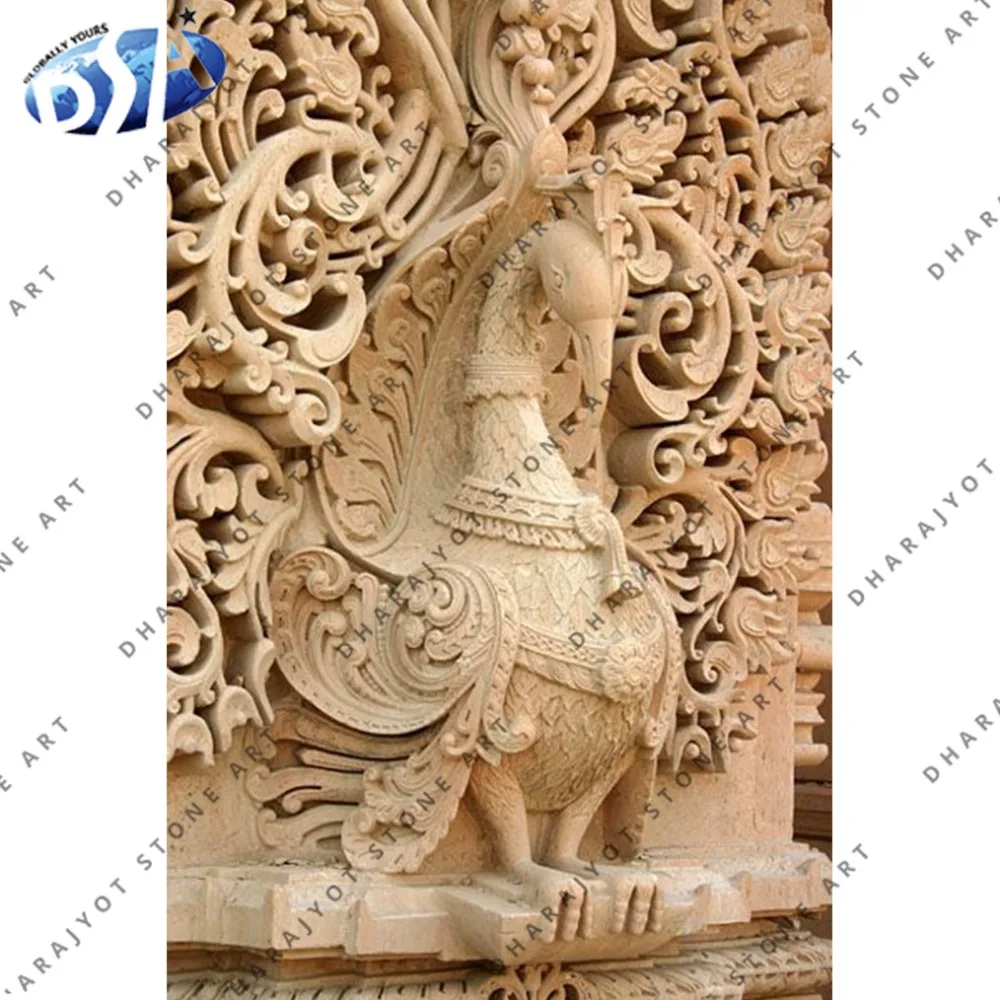 Горячая Распродажа Лучшее качество бежевый песчаник резной дизайн наружный Настенный декор павлин статуя