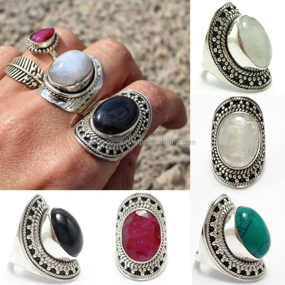 Men Women Oval Round Pear India Natural Gemstone Stone Cabochon 925 Sterling Silver Tiger Eye Ring