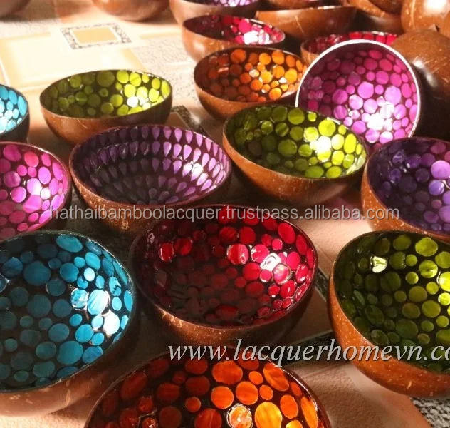 Mosaic Mother of Pearl Lacquer Coconut Bowls from Vietnam