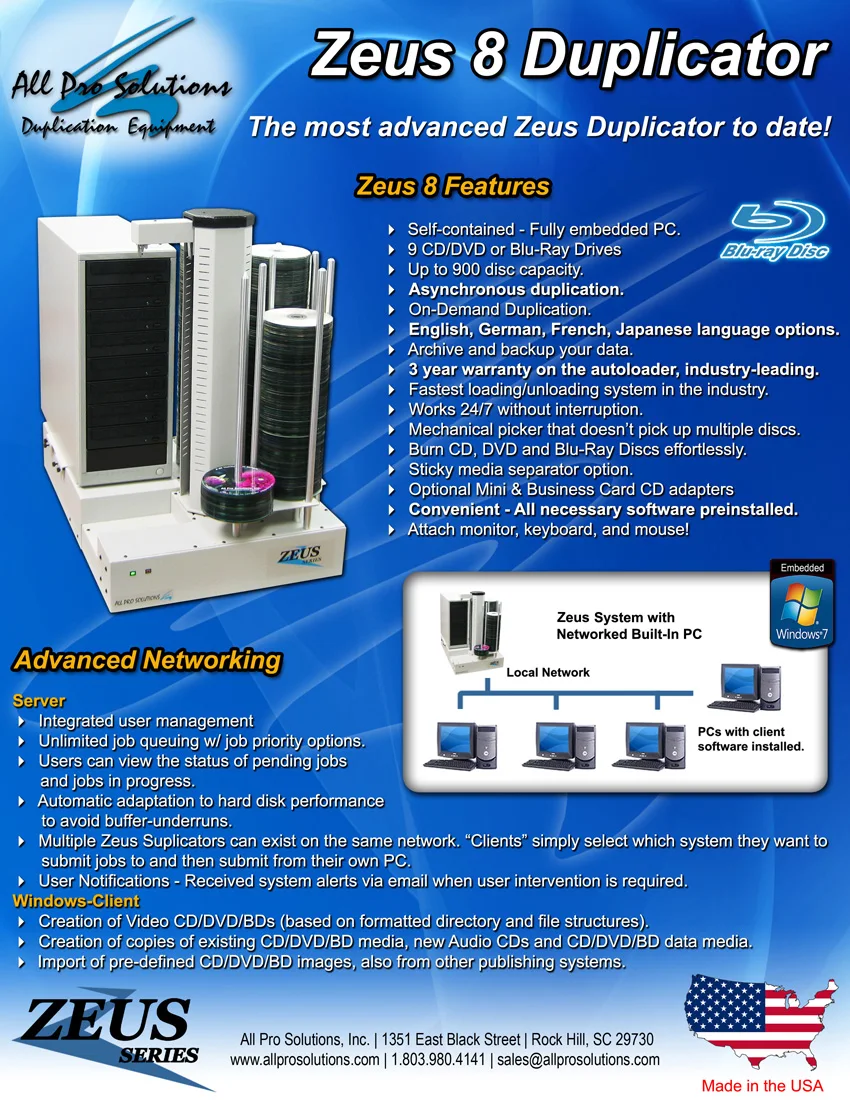 Zeus 8 BD Automated 8-drive Blu-Ray CD DVD Duplicator Copier w/ Built-In PC & 900 Disc Capacity by All Pro Solutions