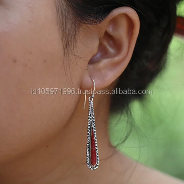 
Bird Feather Silver Earring with Red Coral 