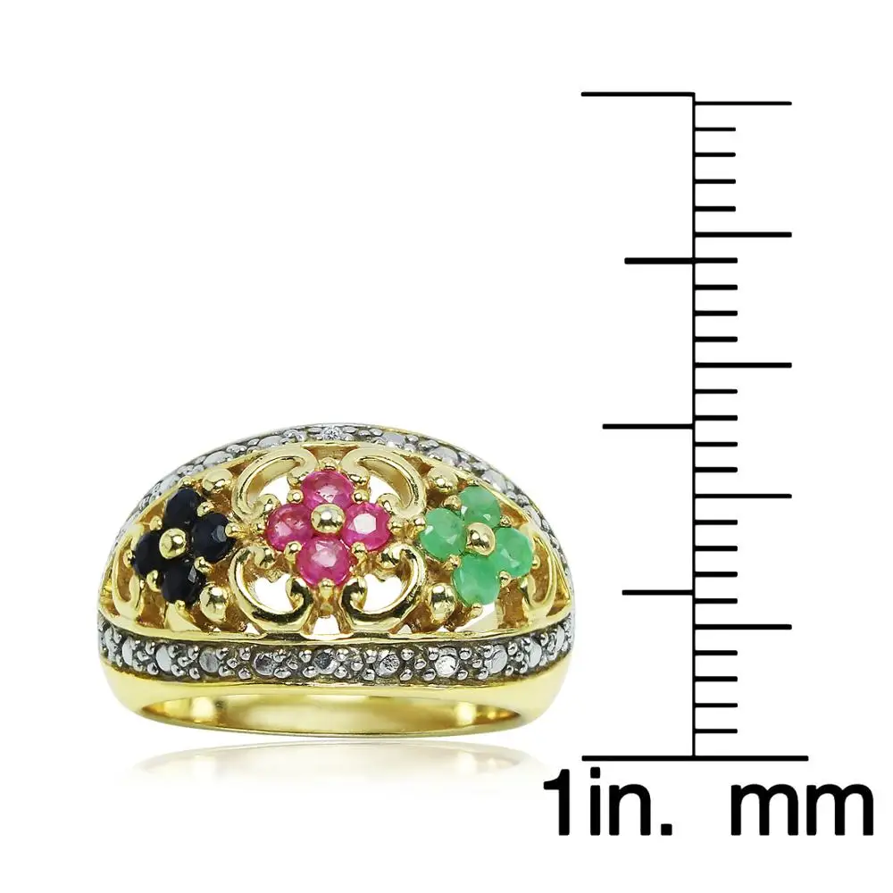 Yellow Gold Flashed Sterling Silver Stunning Natural Emerald Sapphire Ruby Flower Floral Ring
