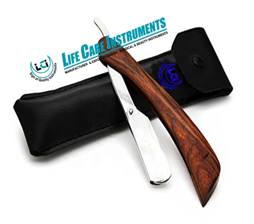 Wooden Handle Barber Razor Cut Throat Shaving Razor with Wooden Handle PU Leather Cover Made by Life Care Instruments