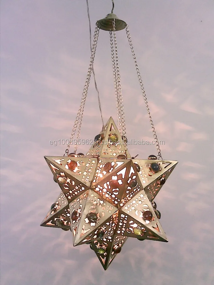 BR88 Moroccan Handmade Hanging Brass Jeweled LED Star Lamp