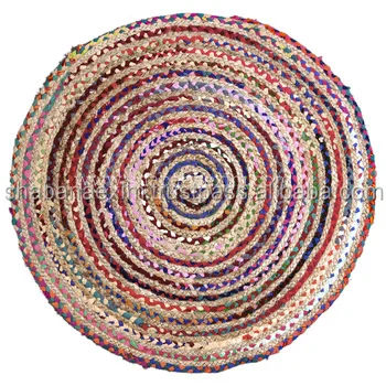 Jute Cotton Braided Floor Mat Multi Colored Handmade Jute Rug Boho Round
