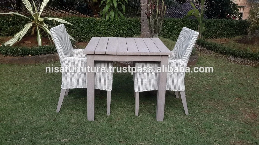 Modern Style Garden Teak Dining Table Set 2 Chairs Synthetic Rattan Material Outdoor Indonesia Furniture for Living Room Hotel