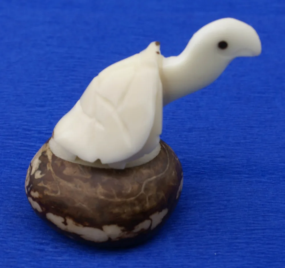 Turtle Sculpture with Neck Outside Miniature Handmade Tagua Nut Carved Figurine Statue Art Ecuador