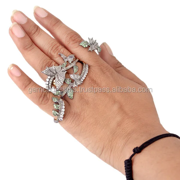 Natural Sapphire Pave Diamond Flower Design Four Finger Ring Gold Silver Jewelry