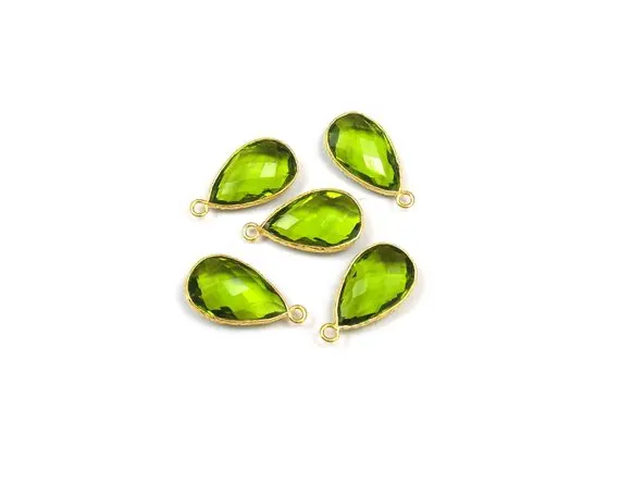 Gold Plated Peridot Quartz Gemstone Bezel Pendant Connectors 10x16mm Pear Shape Charm For Jewelry Making Components