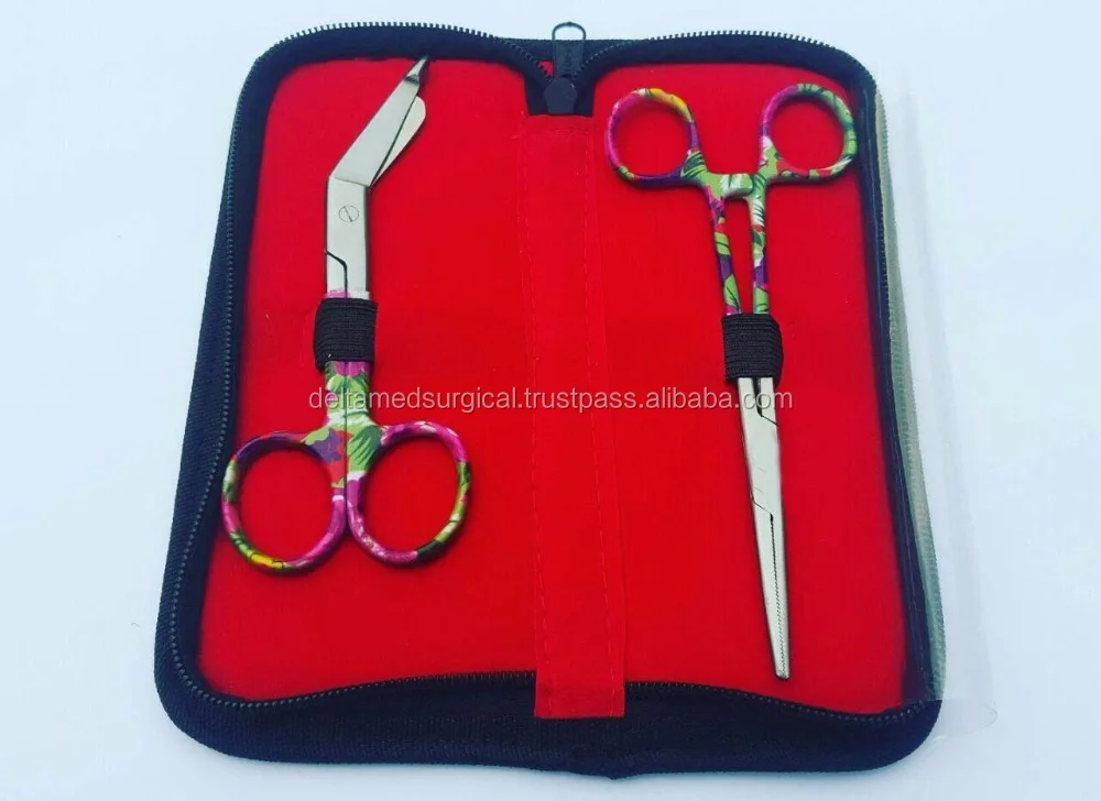 NEW Hemostats Forceps Bandage Scissors Hawaiian Flower Print Tip Clamps Set