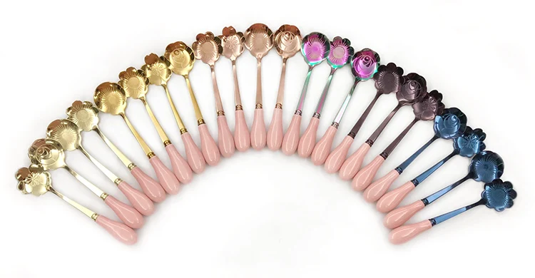 Colorful 4pcs dessert spoon ice cream flower gold spoon with ceramic handle tiny spoon