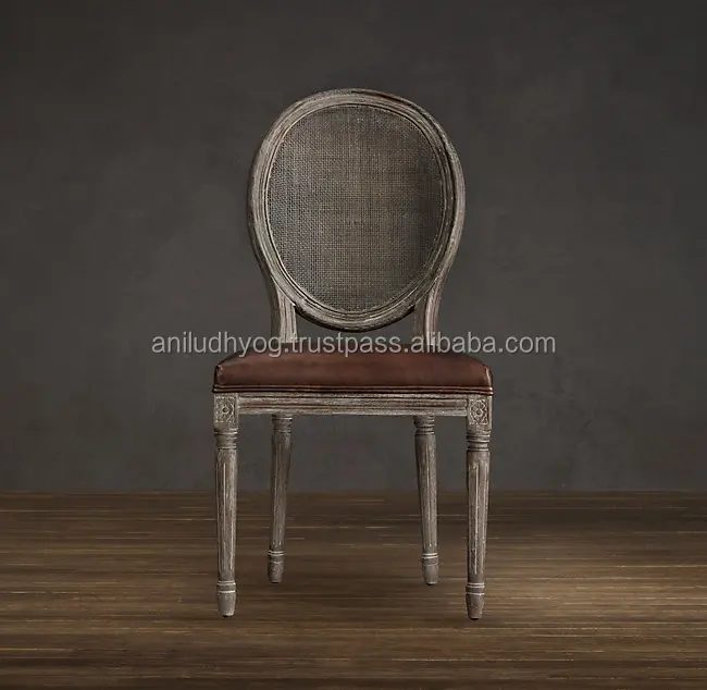 Vintage french round cane back leather seat chair