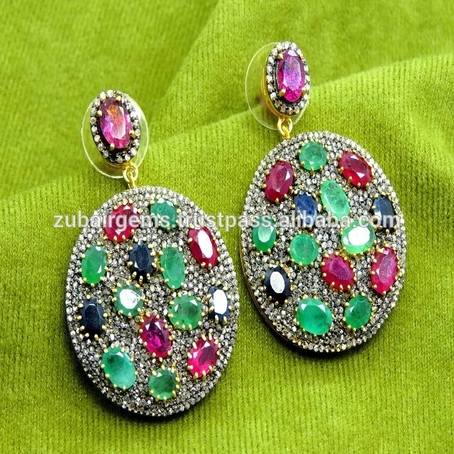 Natural Blue Sapphire & Diamonds Emerald 925 Sterling Silver Earring