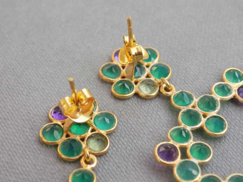 Handmade Natural Onyx Gemstones Earrings Women 925 Sterling Silver Gold Plating Multi-Stone Honeycomb Design Diamond Pearl