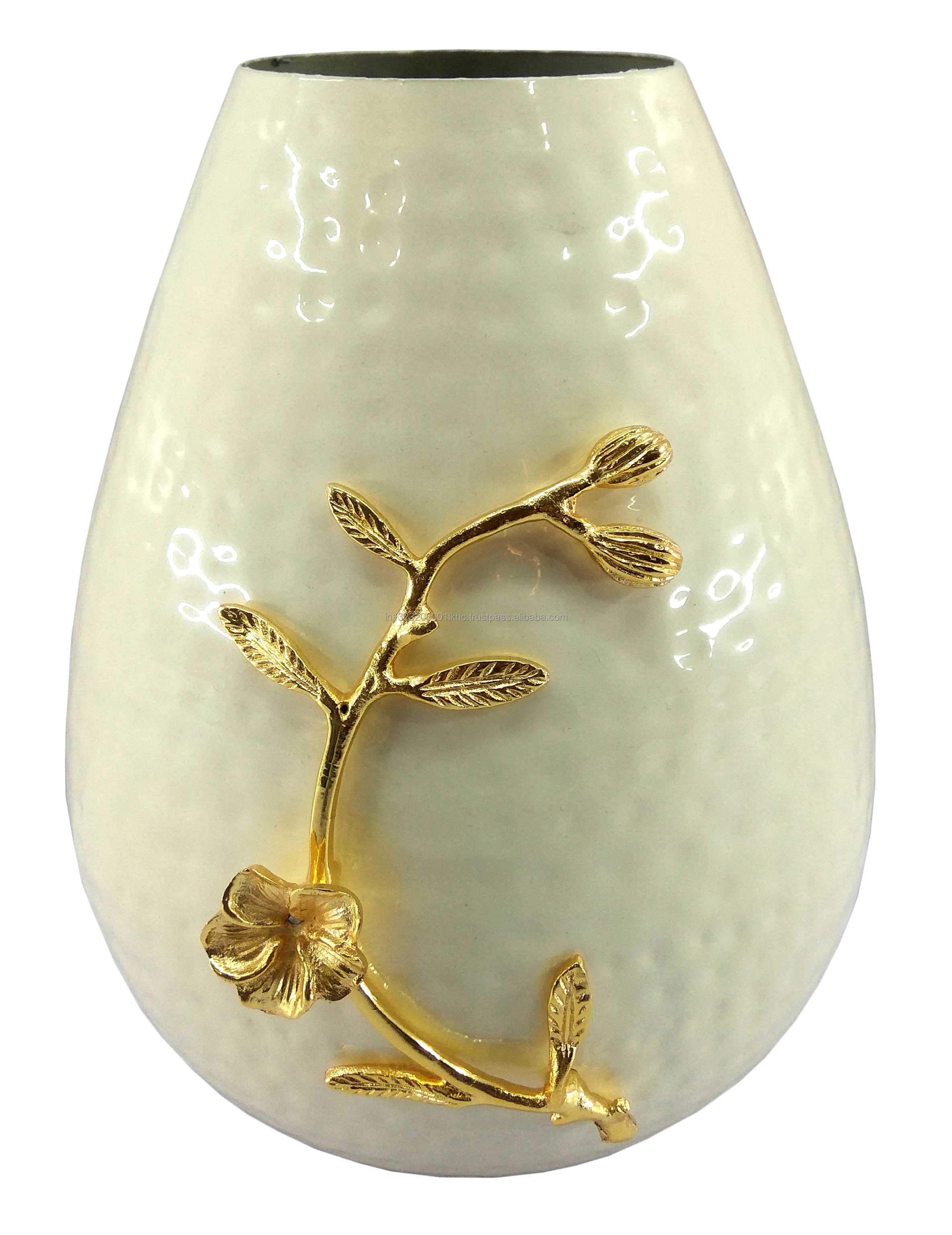 Aluminium Metal Modern Hammered Flower Vase with Golden Floral Design and Ivory