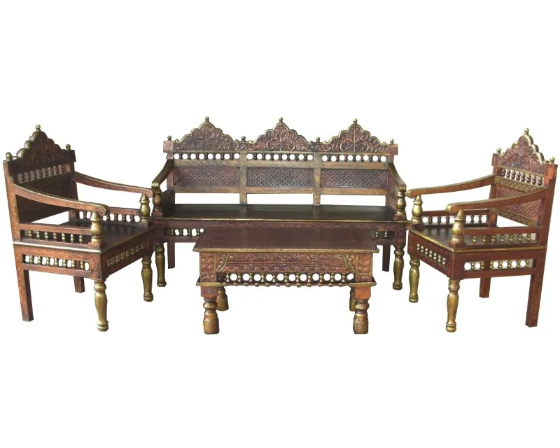 Best Quality Fine Hand Painted Wooden Hand Carved Sofa Set (Set Of 4 Pcs) For Living Room / Hall / Lobby Luxury Design Furniture