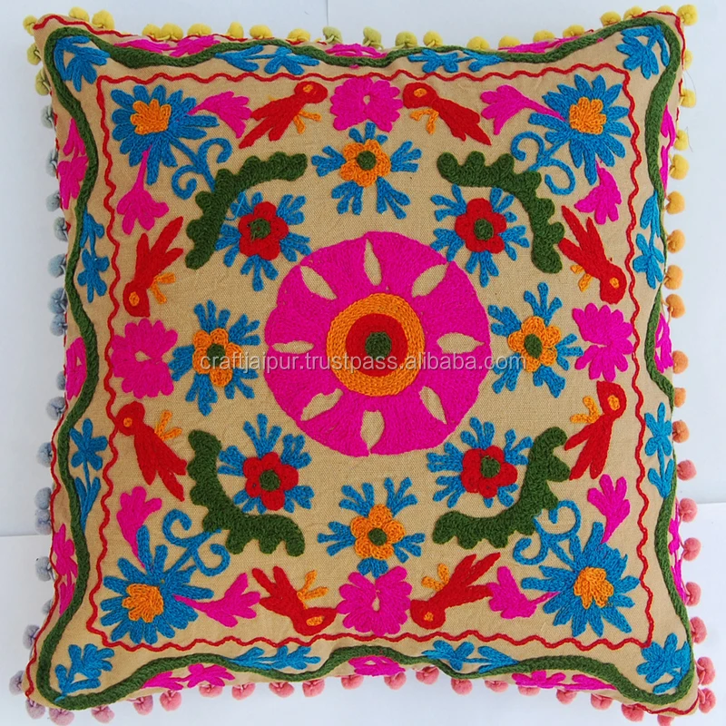 Home Textile Suzani Woolen Embroidery Cotton Square Cushion Cover Indian Handmade Light Brown Zipper Pillow Case Wholesale