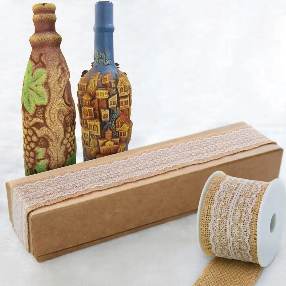 Jute Burlap Hessian Ribbon with Lace, pearl necklace with ribbon tie