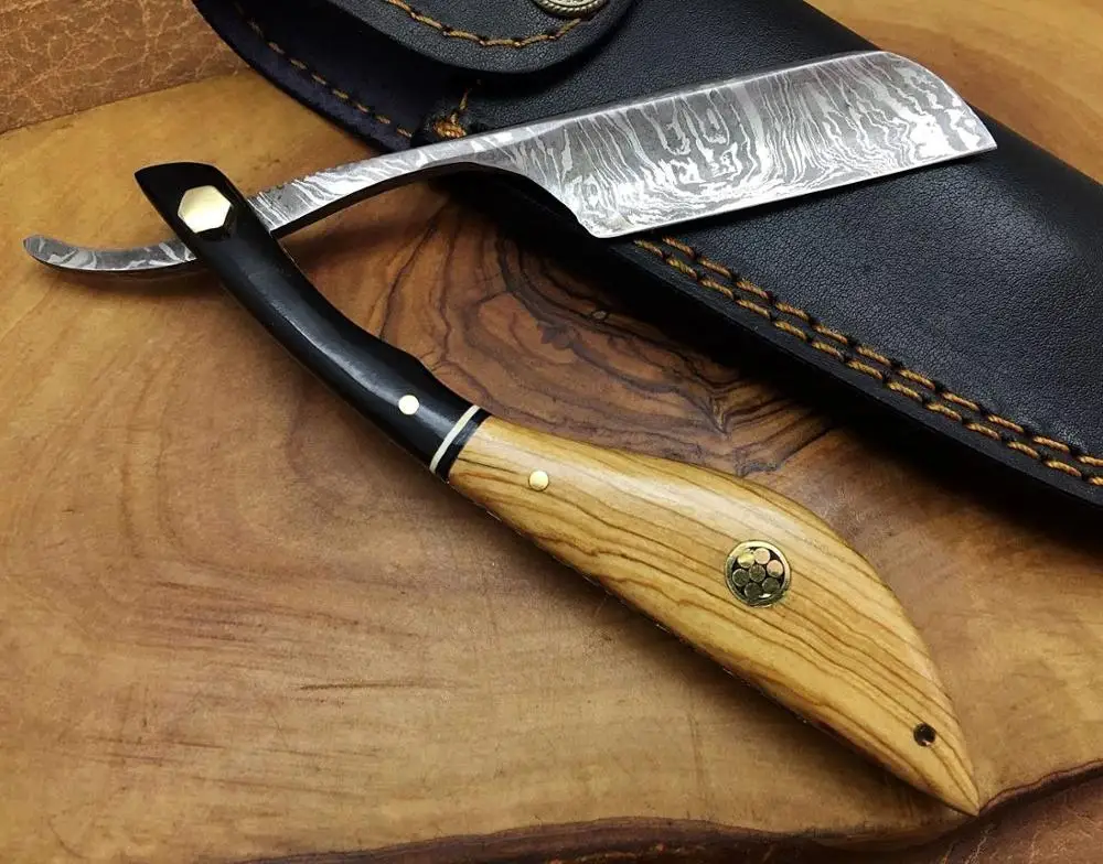 Прямая бритва из дамасской стали ручной работы высокого качества