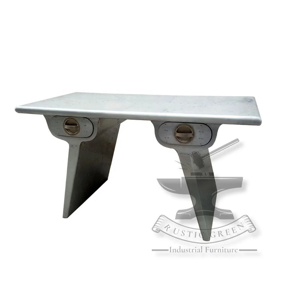 Modern Antique Aviator Wing Desk with Two Drawers for Home Office Living Room or Apartment Durable Aluminium Furniture