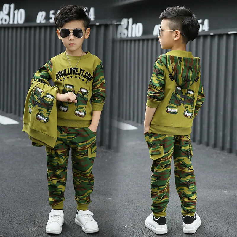 2019 new hot selling wholesale big children spring autumn camouflage sports military uniform three-piece boys clothing set