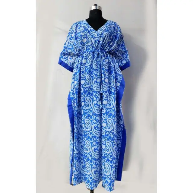 Classic hand block printing ethnic floor women long kaftan dress casual indian handmade craft sewing