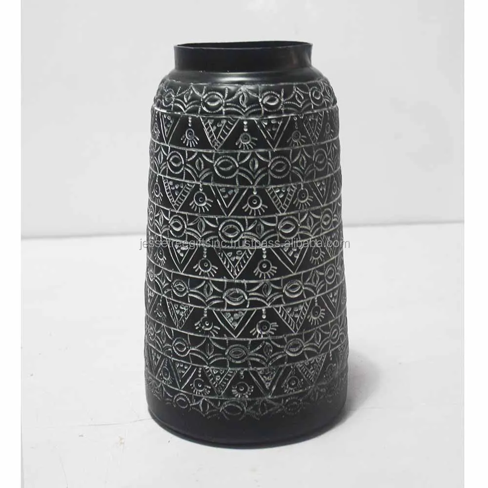 Handmade Metal Flower Vase With Black Powder Coating Finishing Round Shape Embossed Design For Home Decoration Wholesale Price