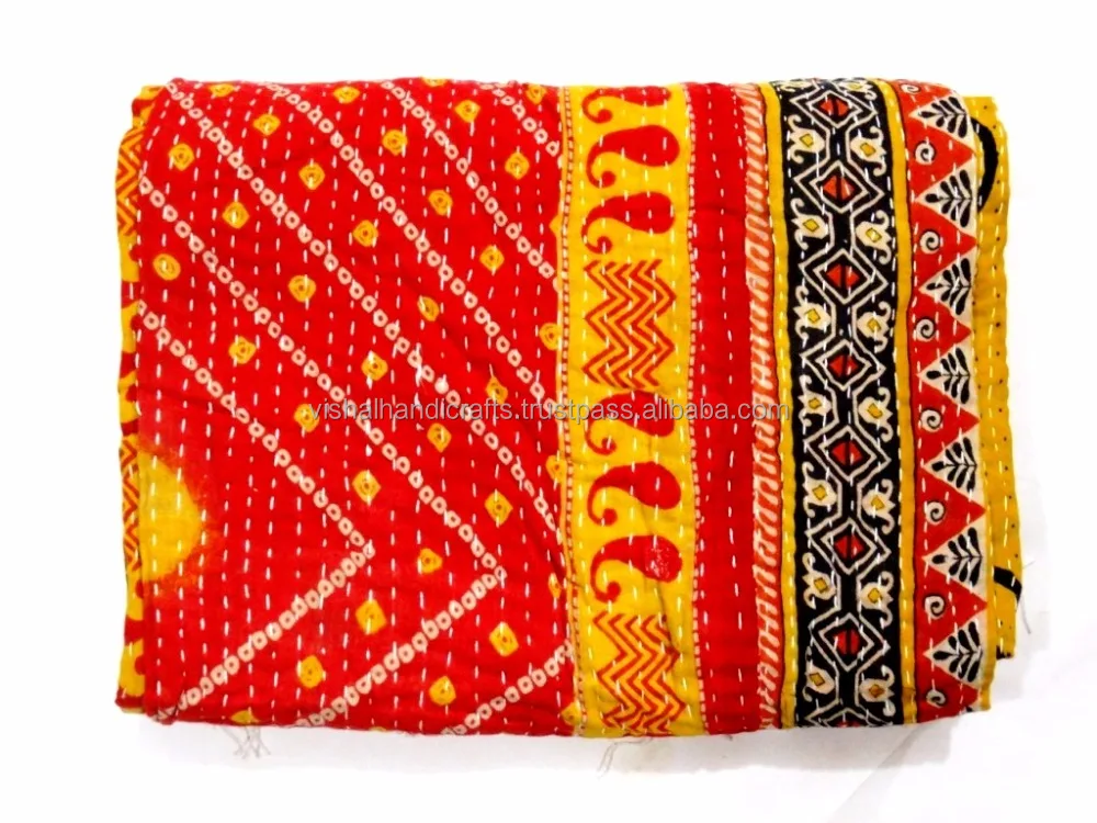 Vintage Cotton Kantha Quilt Gudri Handmade Indian Bedspread