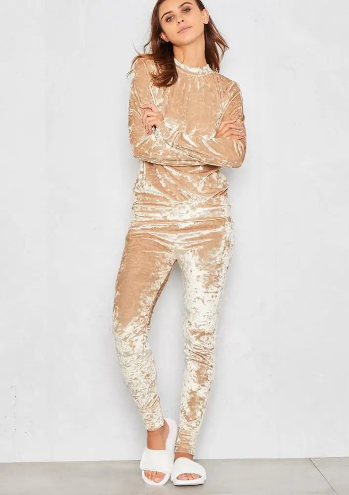 Latest Women 2 Pieces Set Plain Navy Crushed Velvet Lounge Tracksuit/High quality women suit